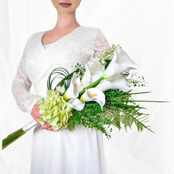 生花に見える】 カラー 紫陽花 ウェディングブーケ 白 造花ブーケ