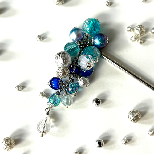 かんざし ラムネサイダーの様なシュワシュワクラックビーズの簪 一本簪