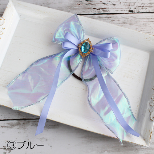 送料込み【キッズ】涼し気!!マーメイドなリボン ヘアゴム yfleur