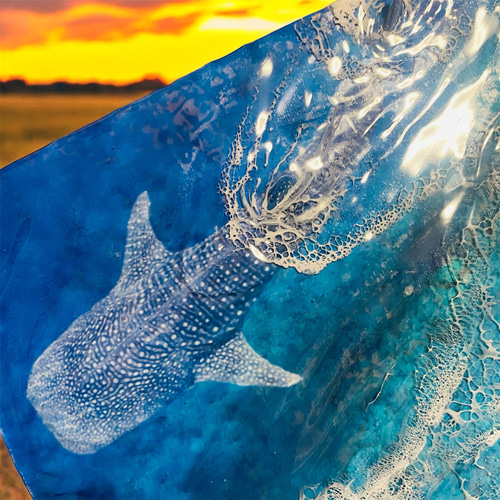 おっちページです　海　ホオジロザメ　珊瑚　レジンアート　原画　絵画 ジンベイザメの水彩画アートプリント：海洋野生動物アート / 海