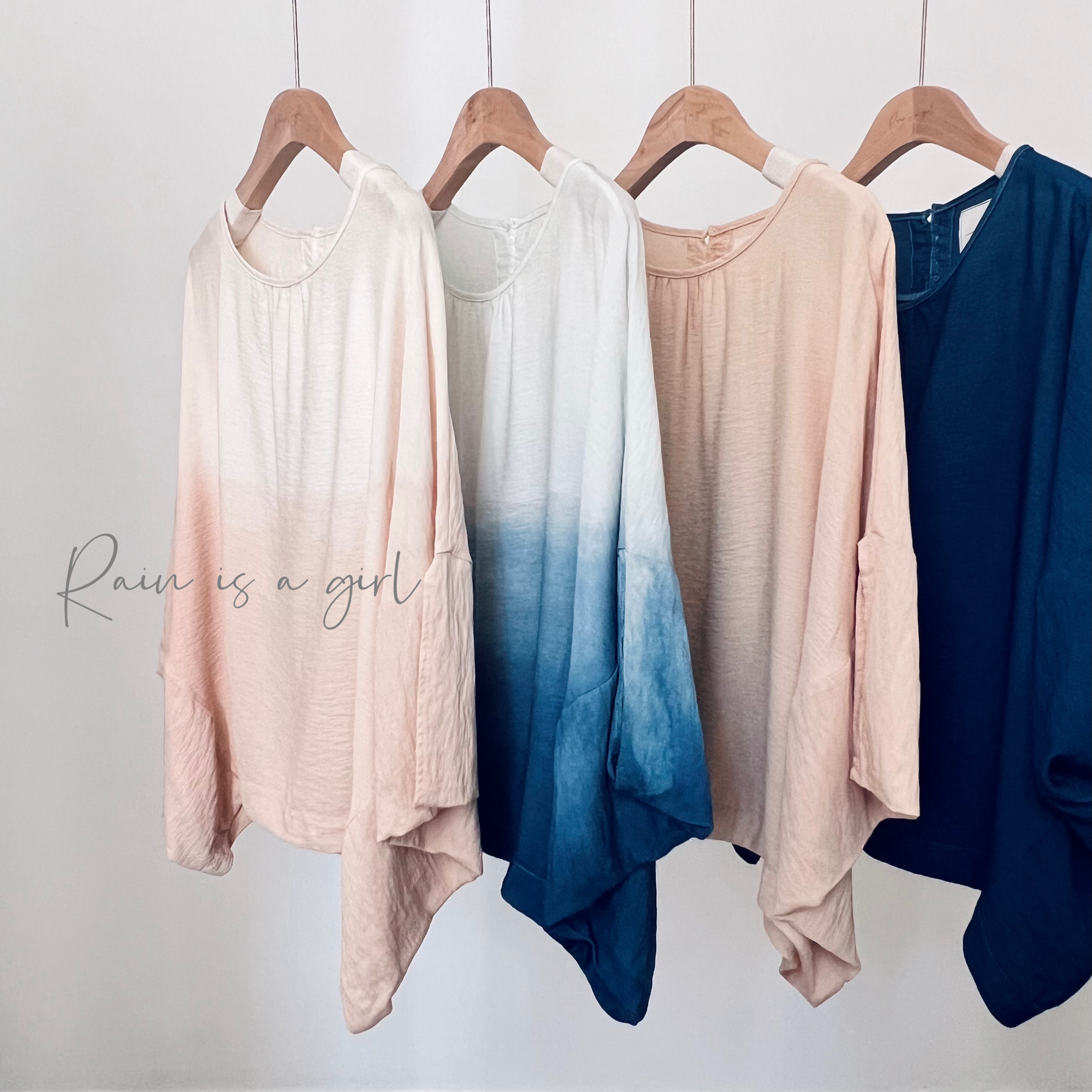 【植物染料★コットン】藍染めグラデーション│バッグにボタン│ドルマンスリーブ│体型カバー│カジュアル│T-２_TS