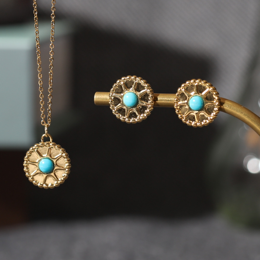 【秋の福袋2025】～太陽～ターコイズコインピアス&ネックレス2点セット【ステンレス】アレルギー対応◇天然石