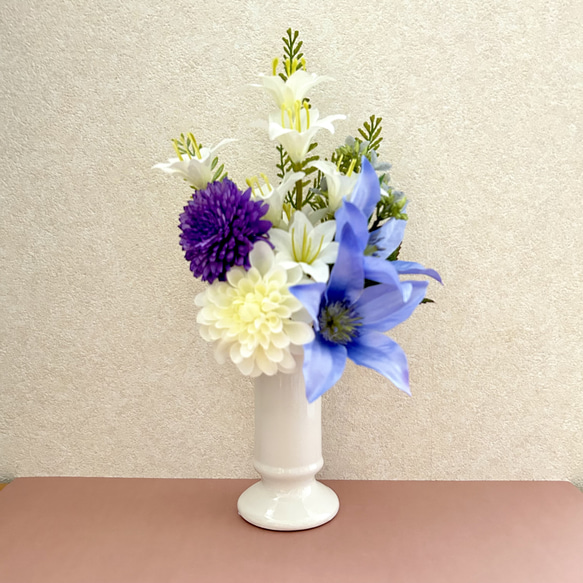 仏花、お供え花、クレマチスお花のみ造花　ミニサイズ りんどうとクレマチスの花束 一対 造花 仏花 CT触媒 お供え、お悔やみ