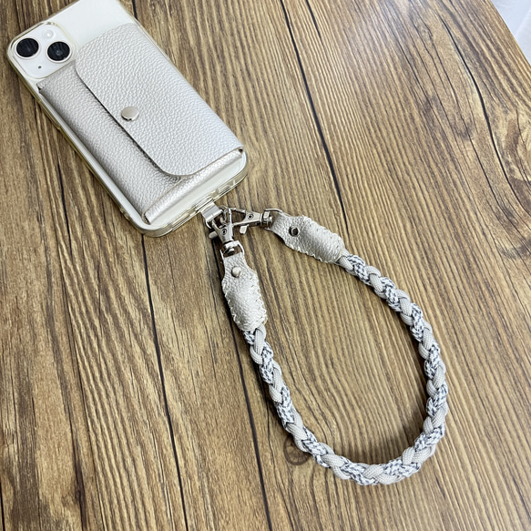 3Way 本革×パラコード スマホショルダーストラップ ホワイト・グレーミックス 5枚目の画像