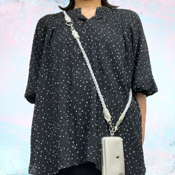 3Way 本革×パラコード スマホショルダーストラップ ホワイト・グレーミックス 1枚目の画像