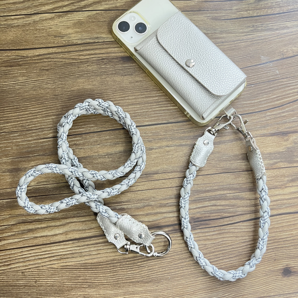 3Way 本革×パラコード スマホショルダーストラップ ホワイト・グレーミックス 3枚目の画像