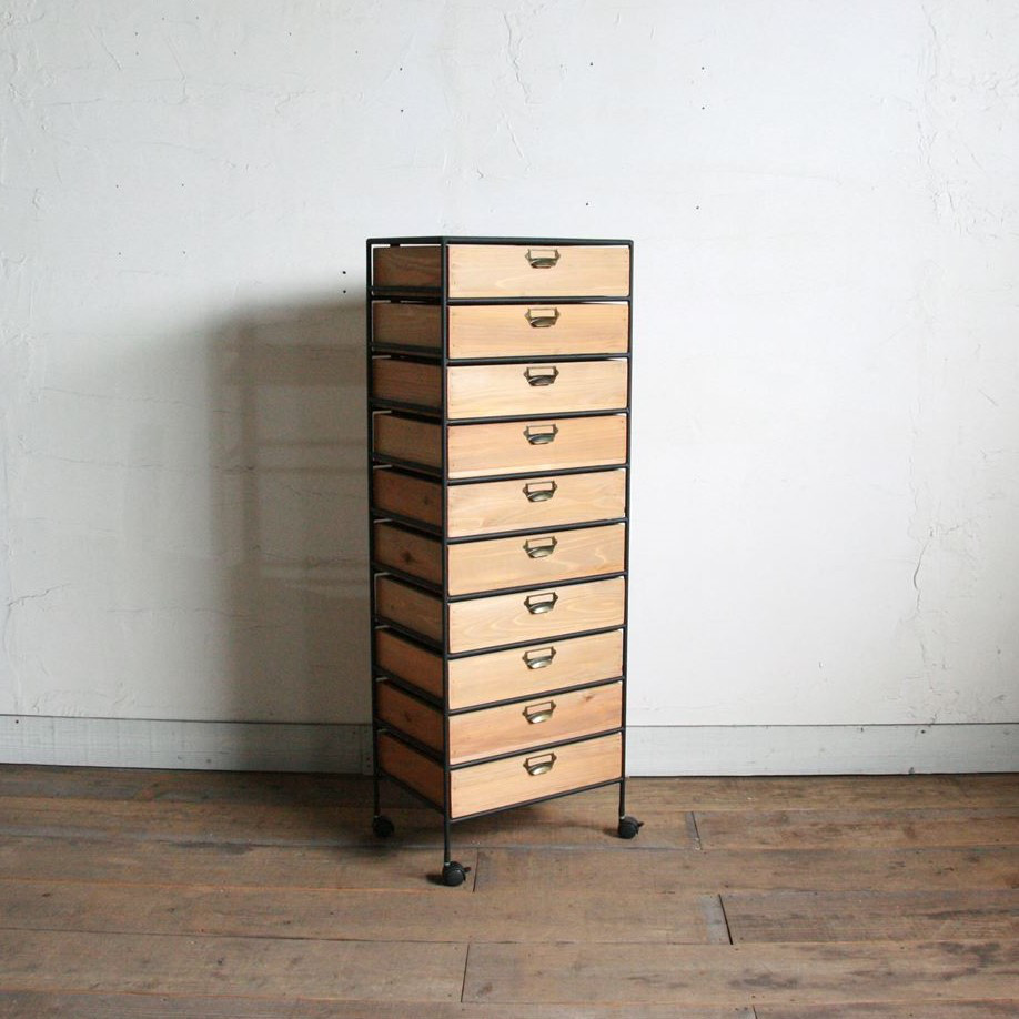 アイアンと木箱のドロワー　1列10段 　キャスター付き【サイズオーダー可】