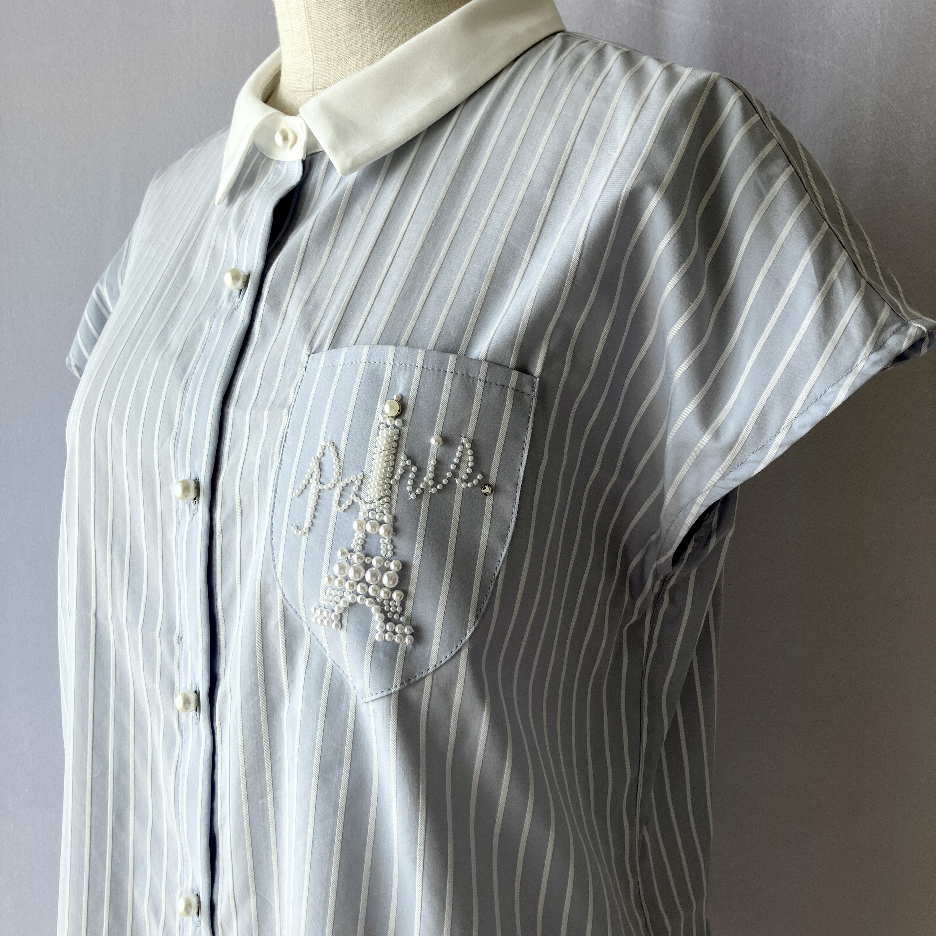 エッフェル塔パール刺繍のクレリックシャツ【フレンチスリーブ/半袖/ストライプ/サックスブルー（水色）/ブラウス/刺繍】