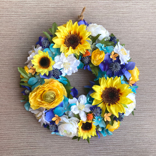 一点物【サマーリース】お花たっぷりひまわりと紫陽花のリース レモン  