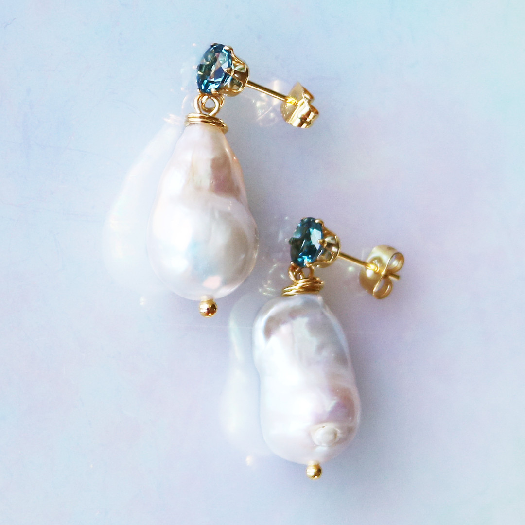 【オイスターバロックパール】Regina・ピアス（約17mm淡水パール×ロンドンブルートパーズ）金属アレルギー対応