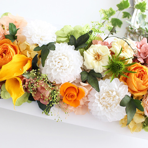 壁掛けOK☆ダリアとローズのフレームアレンジロングL白40cm イエロー