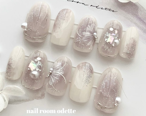 グレージュ フラワー ネイルチップ グレージュミラーフラワー ネイルチップ - nail tip chouchou