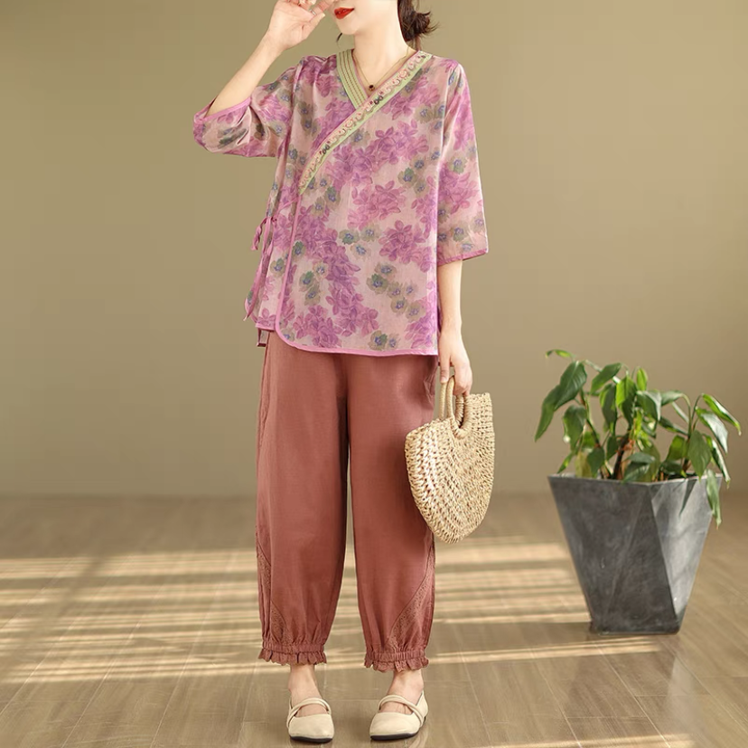 上下セット、綿麻セット、トップス、ボトムス、シャツ、パンツ、レディース
