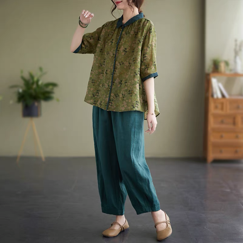 上下セット、綿麻セット、トップス、ボトムス、シャツ、パンツ、レディース