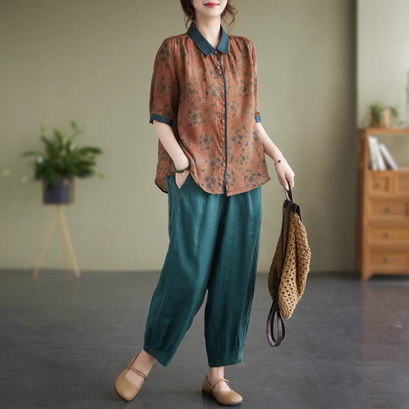 上下セット、綿麻セット、トップス、ボトムス、シャツ、パンツ、レディース