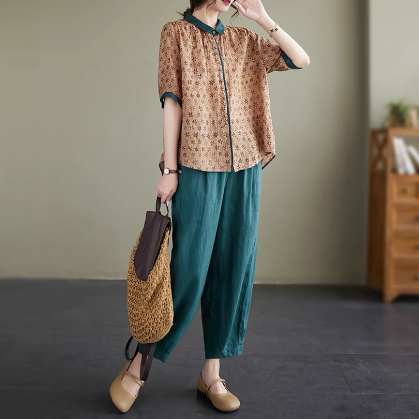 上下セット、綿麻セット、トップス、ボトムス、シャツ、パンツ、レディース