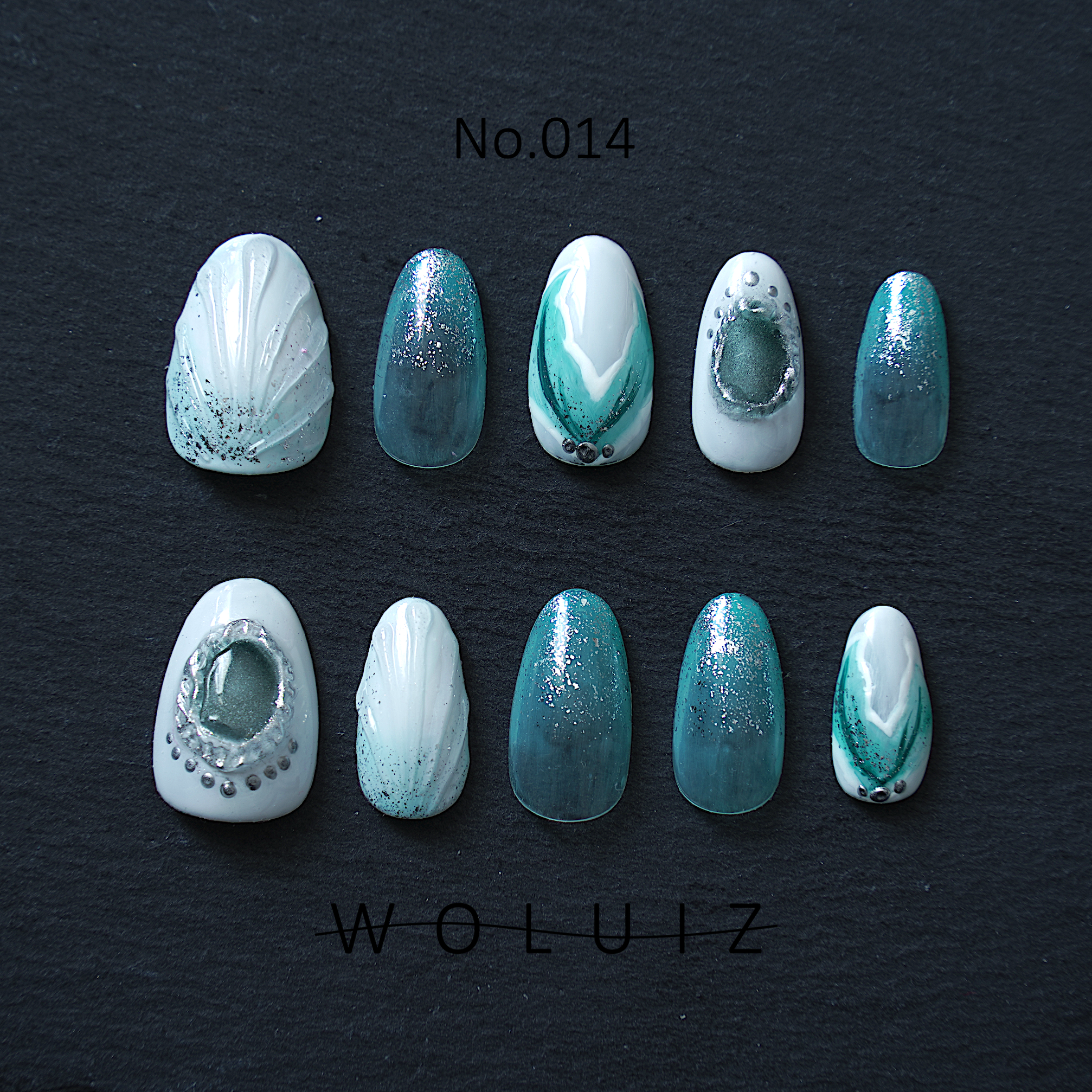 【No.014】ホワイト × ミント × シルバー　ネイルチップ