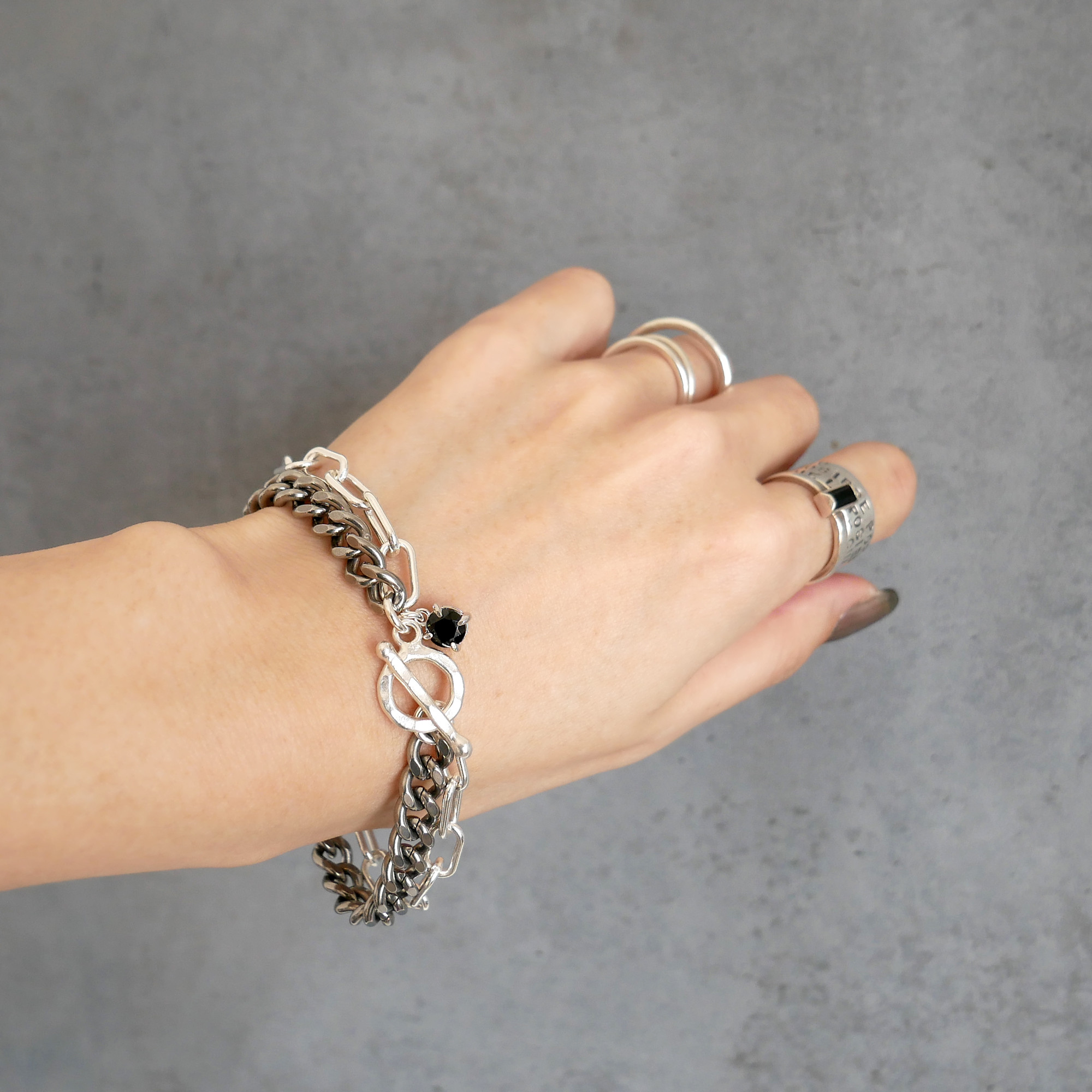 【再販・送料無料】ダブルチェーンボリュームブレス / silver×stainless　B015