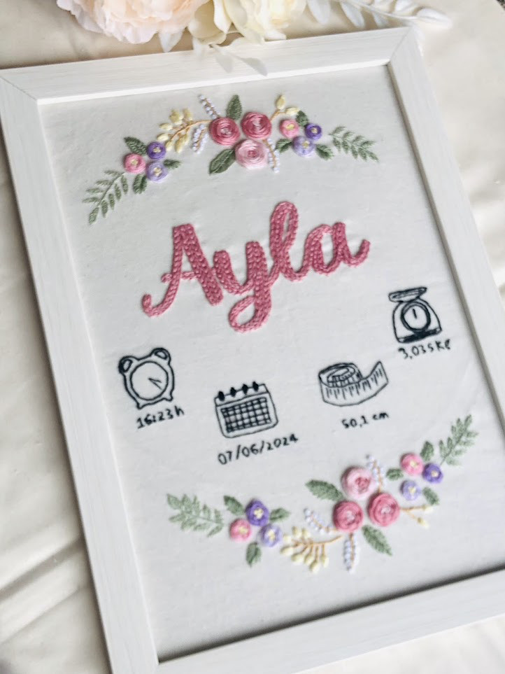 手刺繍の名前プレート - 手刺繍の出生プレート / 受注製作