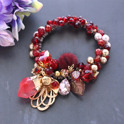 シュシュ  ヘアゴム  ビーズ  ピンク/ボルドー シュシュ ヘアゴム ビーズ ピンク/ボルドー