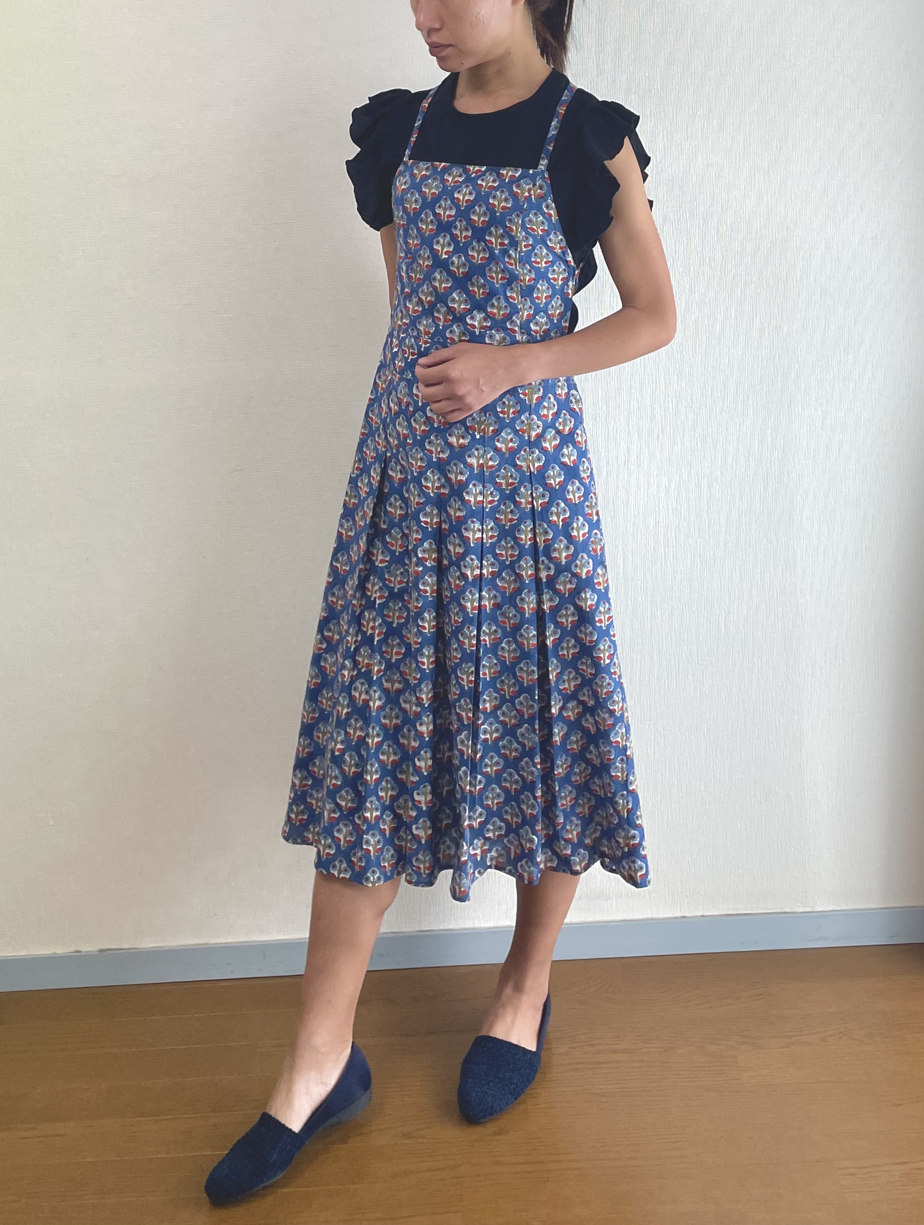 インドブロックプリント　ブルー　小花柄　サロペット