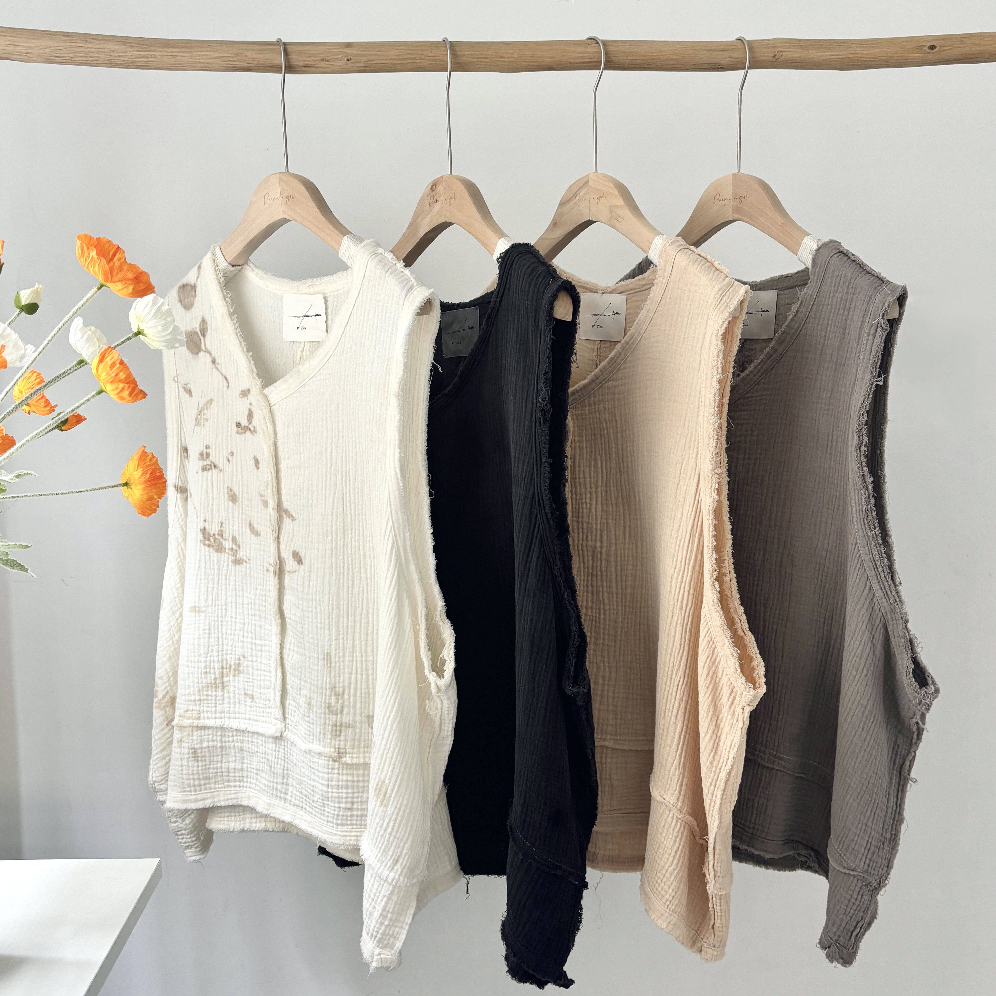 【草木染めタンクトップ★Ｖネック★フリンジ】重ね着│コットン│清涼感│ナチュラル│ダメージ加工│カジュアル│T-4_TS