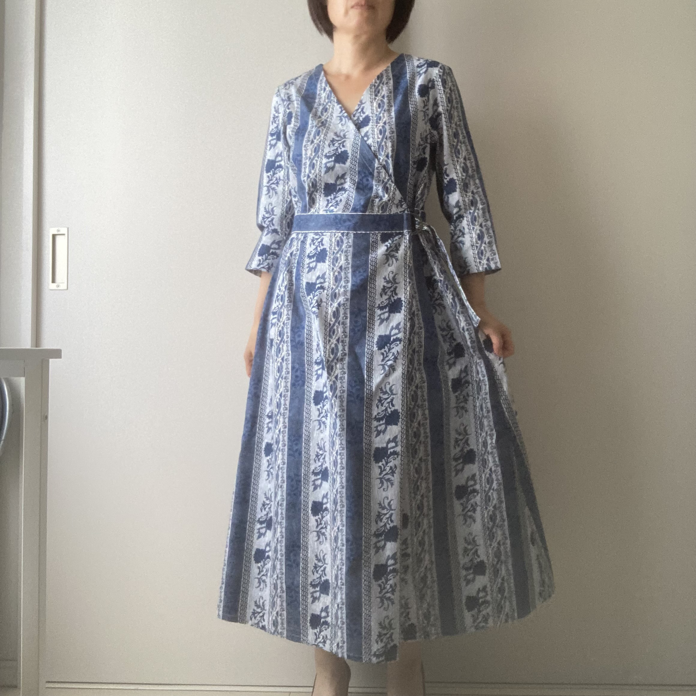 カシュクールワンピース　紺ボーダー