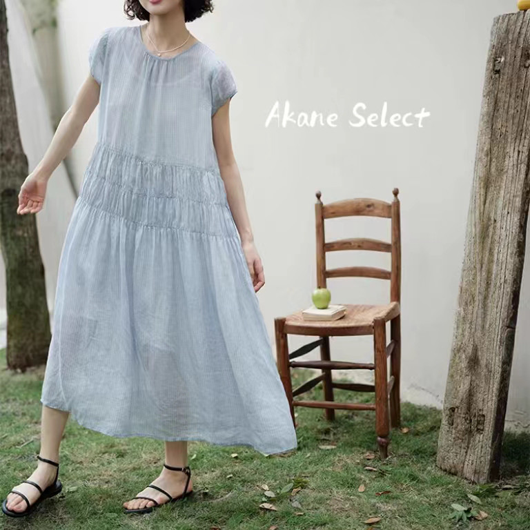 【リネン100%★ストライプ柄ワンピース★３カラー】フレンチスリーブ│涼しい│カジュアル│レディース│O-28SY