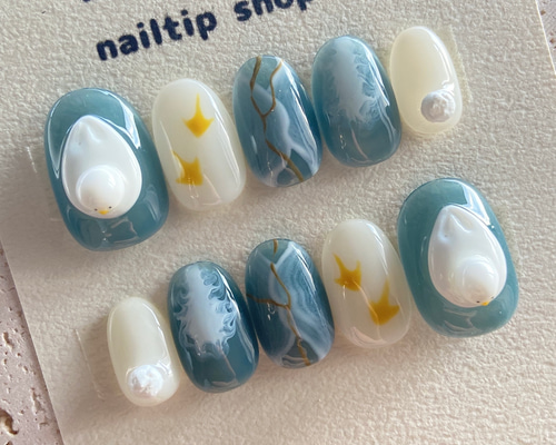 海に浮かぶアヒル ネイルチップ あひる 韓国 ブルー 青 夏 透け感
