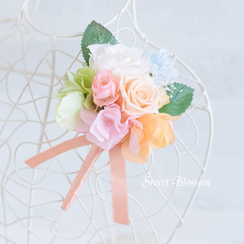 プリザーブドフラワー ブーケ オレンジ ピンク ブートニア 【公式通販】