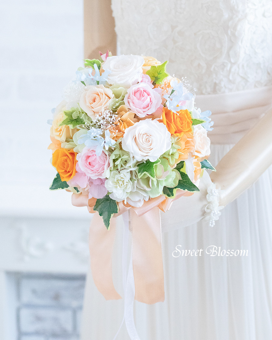 【オーダーメイド】プリザーブドフラワー　パステルオレンジのブーケ＆ブートニア