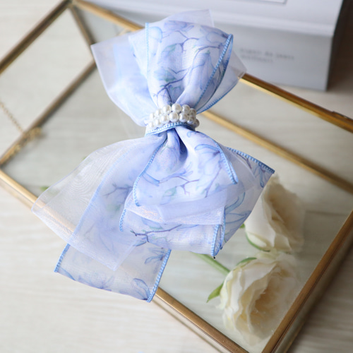 オーガンジーフラワーリボン スカイブルー ヘアゴム キッズ ゆめかわ