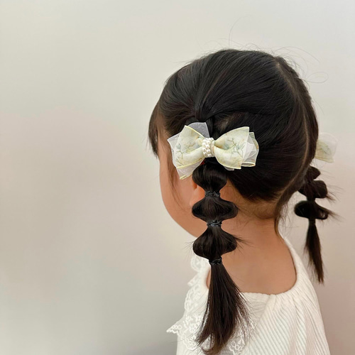 オーガンジーフラワーリボン スカイブルー ヘアゴム キッズ ゆめかわ