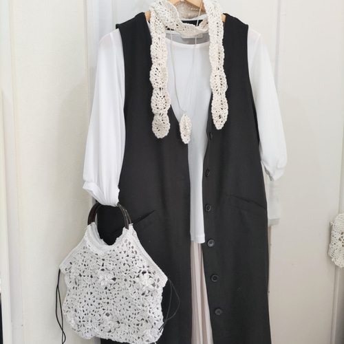 【正規販売店】 巾着袋付き フラワーモチーフ編みリングハンドルバッグ グラニー 服＆ファッション小物