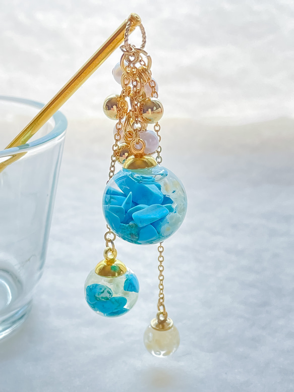 レジンヘアゴム ターコイズブルーゴールドリングお花豪華