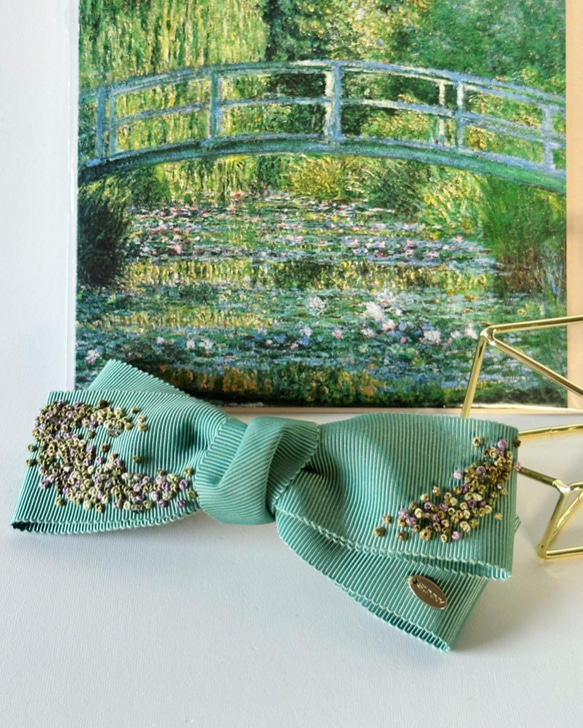 受注生産】モネ『睡蓮』-緑の調和- 手刺繍のリボンヘア