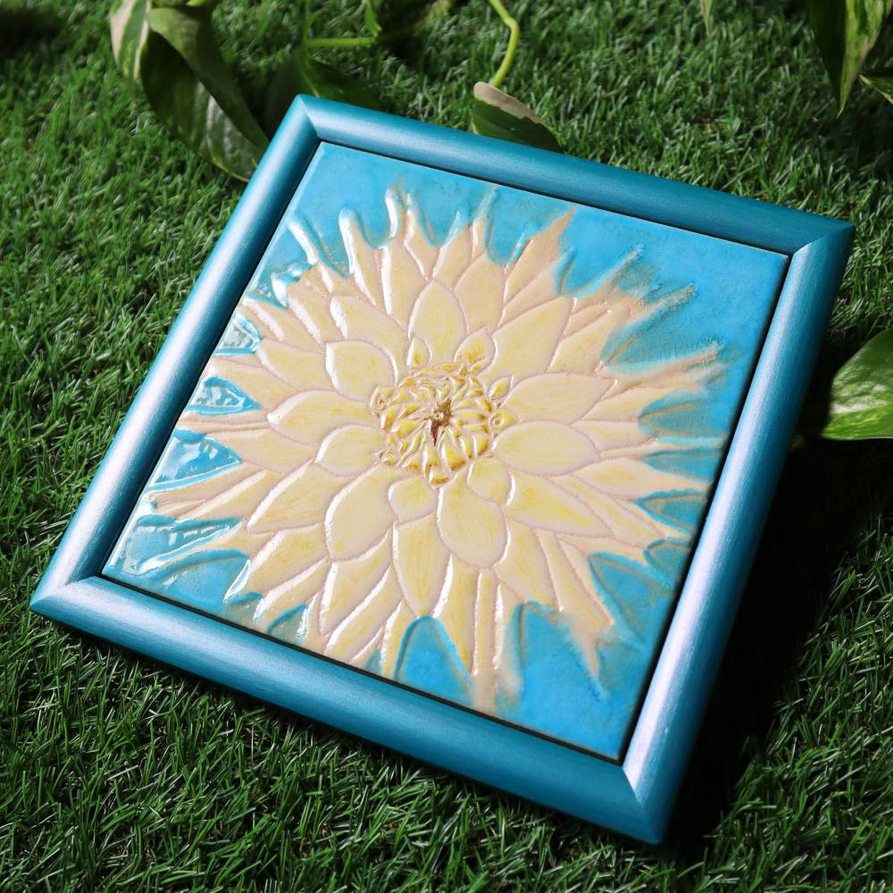 ◆タイルアート◆ダリア◆木枠◆青◆