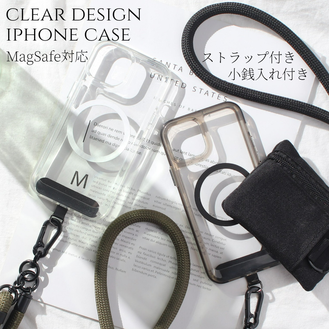 iPhone ケース クリア 小銭入れ付き 17 16 15 14 Pro SE 13 mini マグセーフ ストラップ