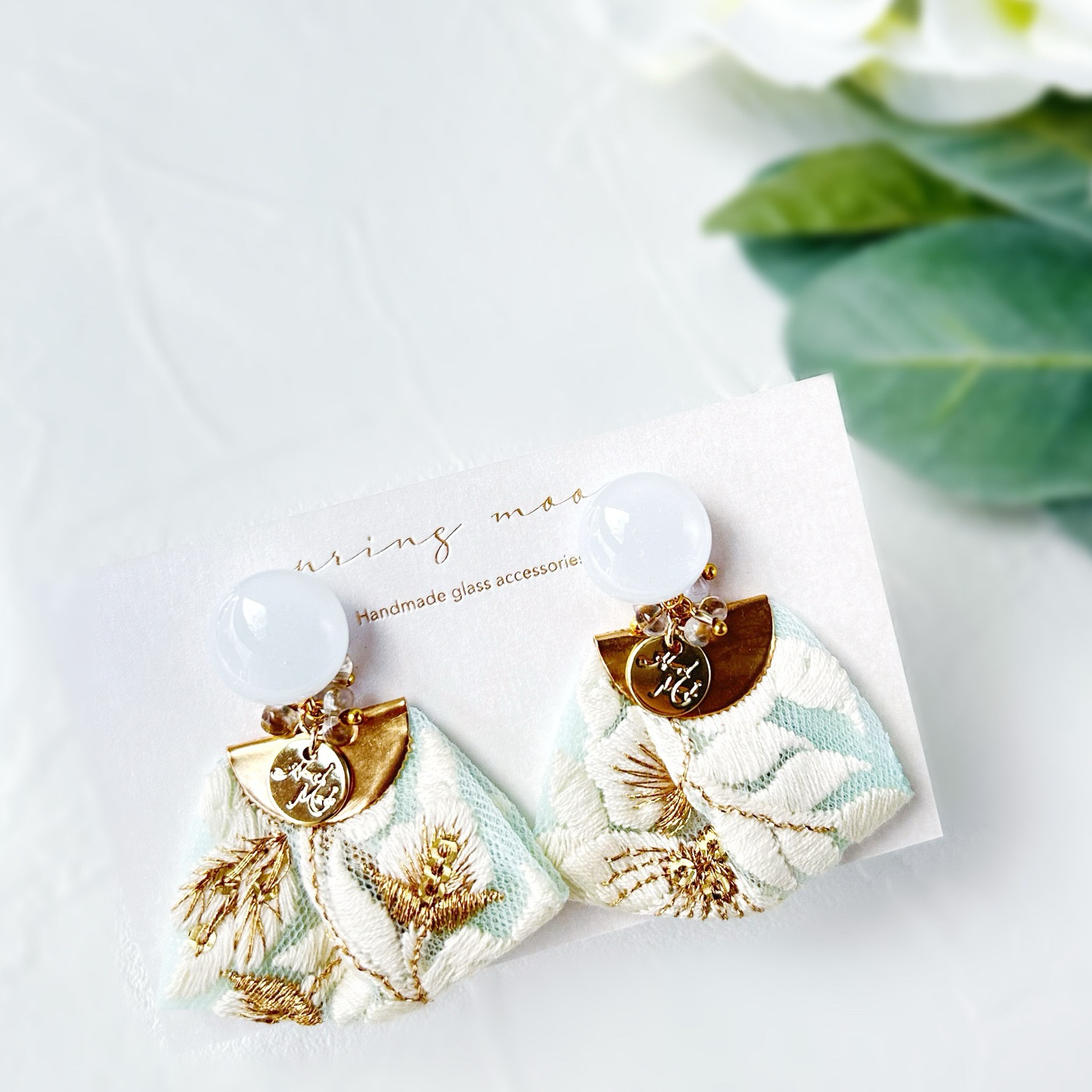 2wayインド刺繍タッセルガラス耳飾り-classical mint-