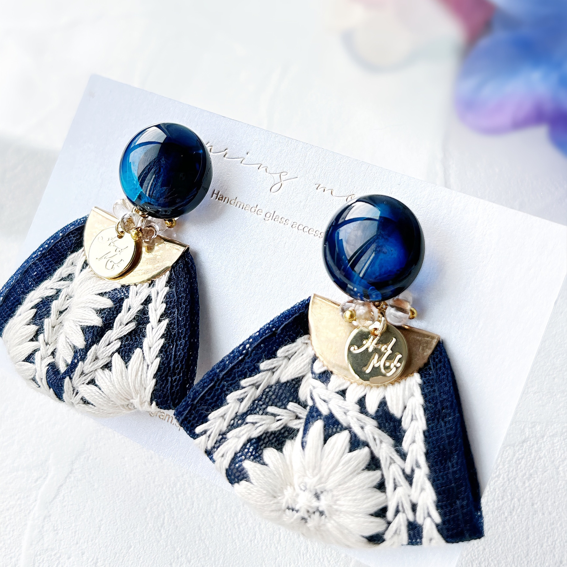 2wayインド刺繍タッセルガラス耳飾り-summer navy-