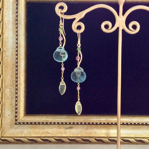 14kgfブルーカラーオパールふさふさピアス/イヤリング 14kgf ブルー