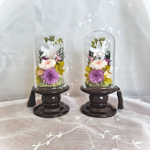 早割！お彼岸 プリザーブドフラワー ガラスケース対 輪菊 蓮&タッセル ＊仏花 早割！お彼岸 プリザーブドフラワー ガラスケース対 輪菊 蓮&タッセル