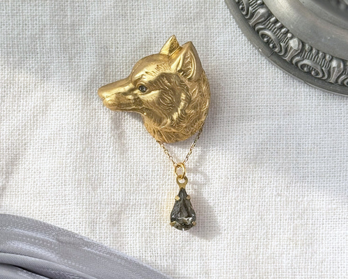 オオカミ真鍮ヴィンテージビジュー【ブラックダイヤ】ブローチ ウルフ