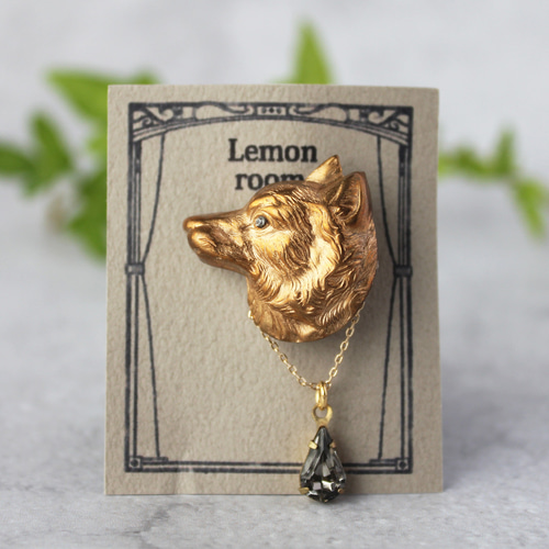 オオカミ真鍮ヴィンテージビジュー【ブラックダイヤ】ブローチ ウルフ