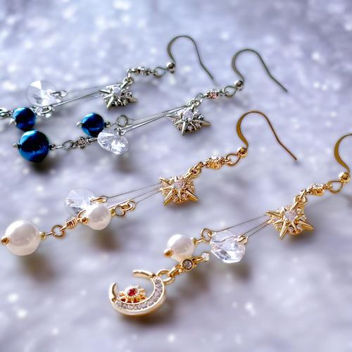 再販】月と星のゆらりんピアス／イヤリング（シルバー） ピアス