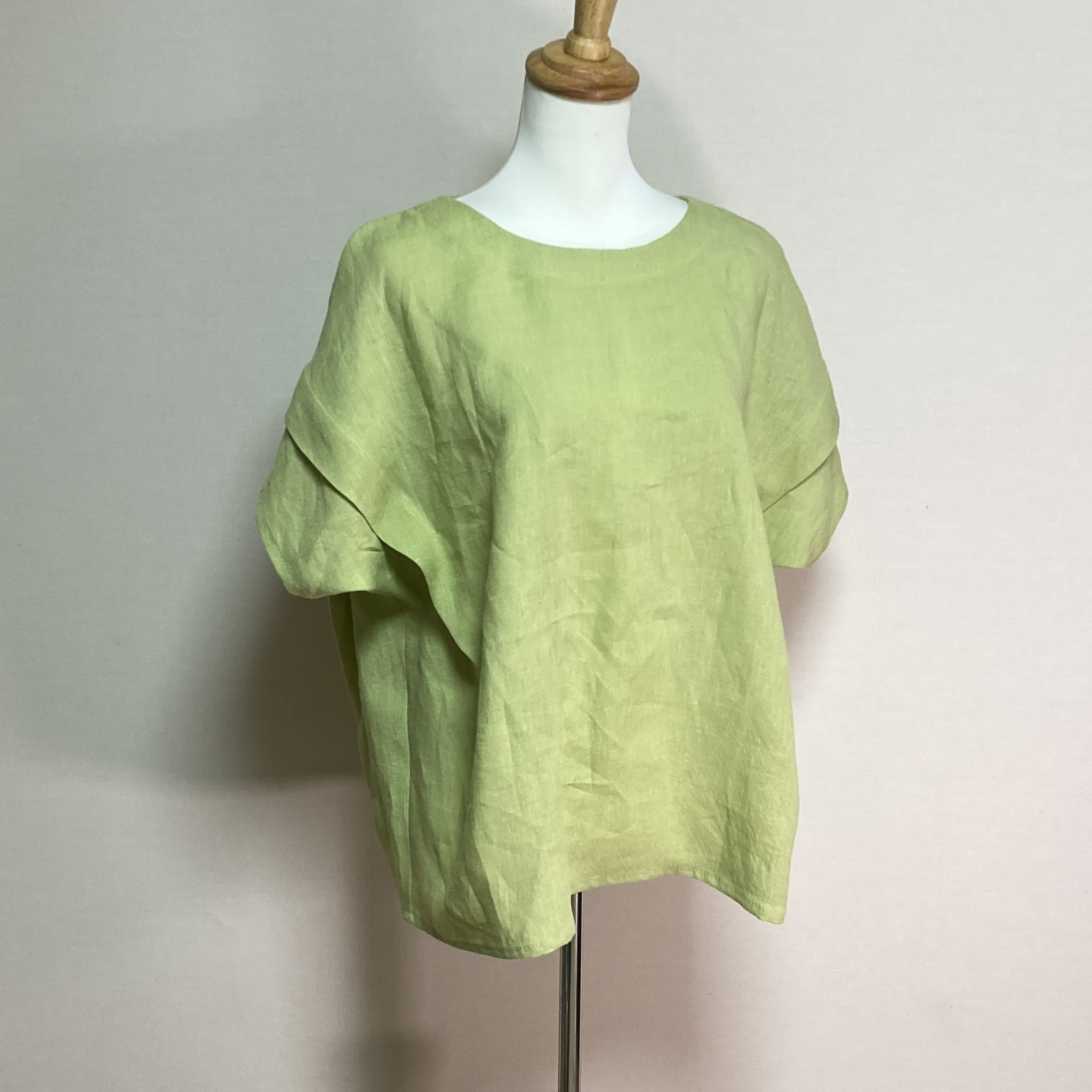 タックフリルブラウス【ナチュラルリネン　ライト】◆ライム◆M・Ⅼ・LL（リネン100％）