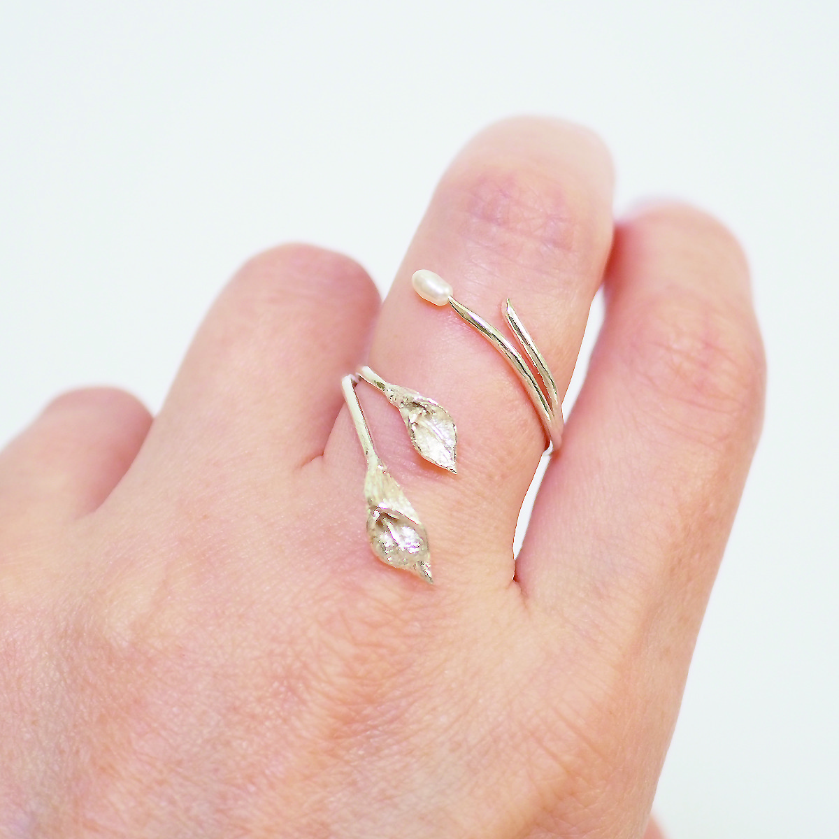 カラーとパールのフォークリング(silver×water pearl) ※フリーサイズ