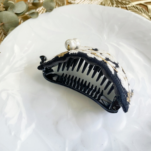 アーチ型バナナクリップ インド刺繍リボン colorブラック ヘアクリップ