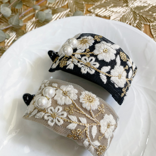 大人可愛いリボン半月アーチバナナクリップ☆インド刺繍リボン×スエード調リボン 大人可愛いリボン半月アーチバナナクリップ☆インド刺繍リボン
