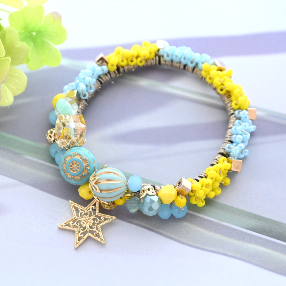 summer yellow×light blue ビーズ シュシュ＊ブレスレット